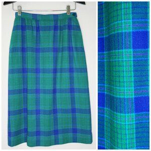 Vintage 60s Pendleton Bright Green Blue Wool Check Plaid Pencil Skirt | Small